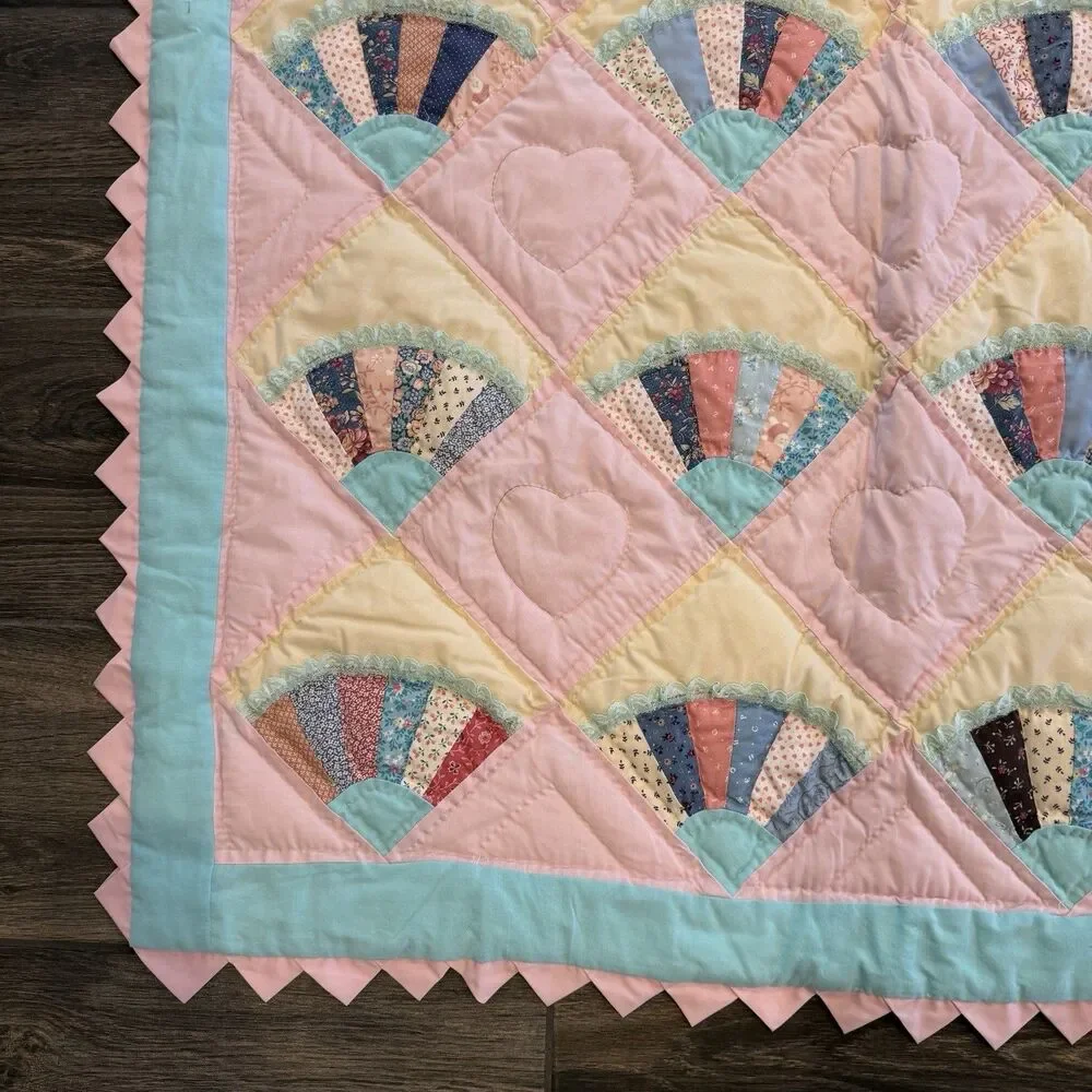 Handmade Pink & Blue Baby Fan Quilt Hearts Triangle Edges 48x39” Nursery Toddler